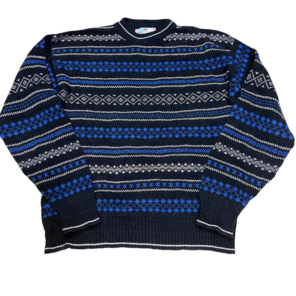 Aeropostale Mens Blue & White Fair Isle Thick Knit Cotton Sweater Size Medium